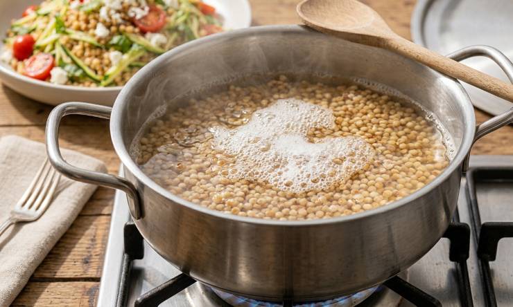 Portate a bollore una capiente pentola di acqua salata. Versate la fregola sarda e lasciatela cuocere per il tempo indicato sulla confezione (in genere circa 10-12 minuti), mantenendola al dente. Una volta cotta, scolatela bene e trasferitela in un’insalatiera ampia. Conditela subito con due cucchiai di olio extravergine d’oliva per evitare che si attacchi e lasciatela raffreddare completamente a temperatura ambiente.