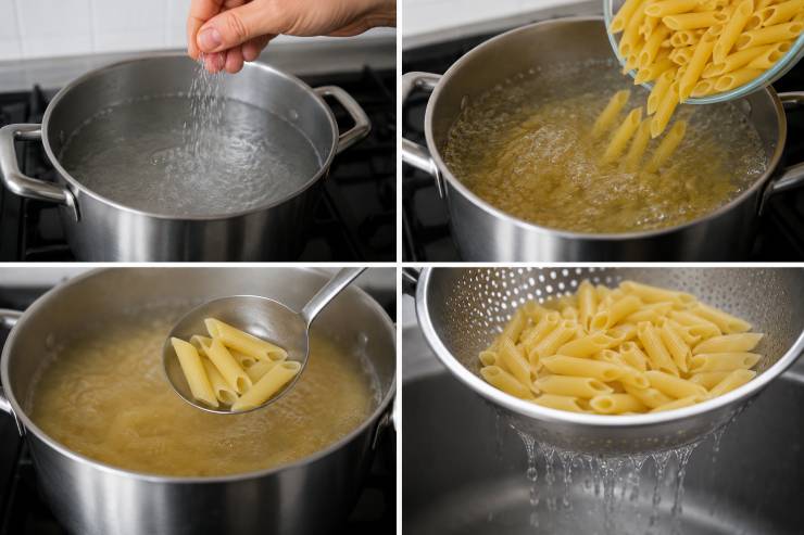 Mettete sul fuoco una pentola con abbondante acqua salata. Non appena l’acqua avrà raggiunto il bollore, tuffate le pennette (o il formato scelto). Ricordatevi di scolarla molto al dente, circa 2 o 3 minuti prima del tempo indicato sulla confezione.