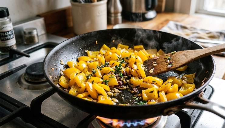 Lavate con cura i peperoni gialli, eliminate i filamenti interni e i semi, quindi tagliateli a piccoli pezzi regolari. Scaldate in una padella capiente due cucchiai di olio extravergine d’oliva. Aggiungete i pezzetti di peperone, regolate di sale e fate cuocere a fuoco medio per circa 20 minuti, finché non risulteranno ben morbidi.