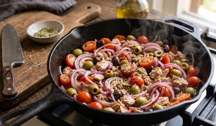 Quando le cipolle avranno una consistenza tenera, unite in padella i pomodorini freschi precedentemente lavati e tagliati a metà. Aggiungete le olive verdi e le olive nere tagliate a rondelle, il tonno sott’olio leggermente sgocciolato, un pizzico di sale e una generosa manciata di origano. Lasciate insaporire e cuocere il tutto a fuoco medio per altri 5-10 minuti, in modo che tutti i sapori si amalgamino alla perfezione. Al termine, spegnete il fuoco, rimuovete l’alloro e fate intiepidire