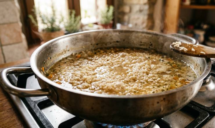 Prendete una pentola capiente, versate un filo d’olio extravergine d’oliva e fate rosolare la cipolla sminuzzata finemente per qualche minuto a fuoco dolce. Quando sarà diventata trasparente, unite il riso e fatelo tostare per un paio di minuti, mescolando continuamente affinché i chicchi assorbano il condimento e diventino lucidi. Sfumate il riso versando il mezzo bicchiere di vino bianco. Lasciate evaporare completamente la parte alcolica a fiamma viva per un paio di minuti, continuando a mescolare. Una volta sfumato il vino, abbassate leggermente la fiamma e aggiungete un primo mestolo di brodo vegetale caldo. Continuate la cottura del riso incorporando due mestoli di brodo alla volta, aspettando che il liquido venga assorbito prima di aggiungerne altro, e mescolate regolarmente.