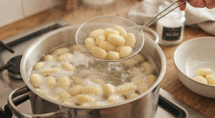 Cuocete gli gnocchi tuffandoli pochi alla volta in abbondante acqua bollente salata; scolateli non appena affiorano in superficie utilizzando una schiumarola e saltateli subito nella padella con il vostro sugo preferito.