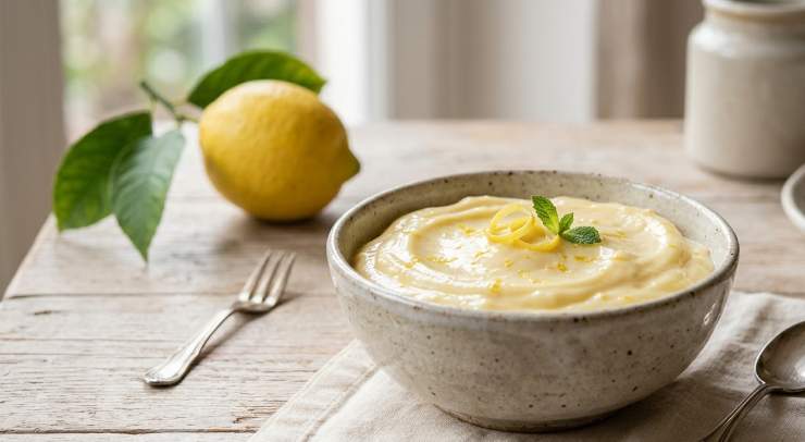 Nel frattempo, ammorbidite la gelatina in acqua fredda per circa 10 minuti. In un pentolino, scaldate il latte con la scorza di limone (facendo attenzione a prendere solo la parte gialla). In una ciotola, montate i tuorli con lo zucchero fino a ottenere un composto chiaro e spumoso. Aggiungete l’amido di mais setacciato e incorporatelo delicatamente. Versate il latte caldo (filtrato dalla scorza) sul composto di uova, mescolate bene e trasferite il tutto nuovamente nel pentolino sul fuoco. Cuocete a fiamma dolce finché la crema non si addensa. Spegnete il fuoco, strizzate la gelatina e aggiungetela alla crema calda, unite anche il succo di limone e mescolate energicamente. Trasferite in una ciotola, coprite con pellicola a contatto e fate raffreddare completamente in frigorifero.