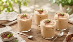 Crema caffè zero calorie fatta in casa Quattro bicchieri di crema caffè zero calorie spumosa e vellutata, guarniti con cacao amaro e serviti su un tavolo in legno con cucchiaini.