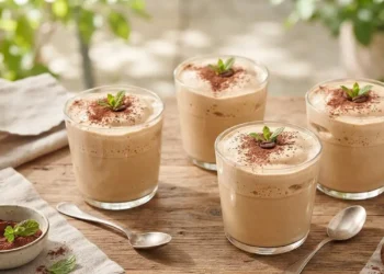 Quattro bicchieri di crema caffè zero calorie spumosa e vellutata, guarniti con cacao amaro e serviti su un tavolo in legno con cucchiaini.