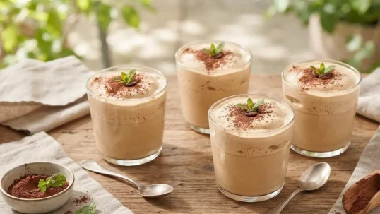 Quattro bicchieri di crema caffè zero calorie spumosa e vellutata, guarniti con cacao amaro e serviti su un tavolo in legno con cucchiaini.