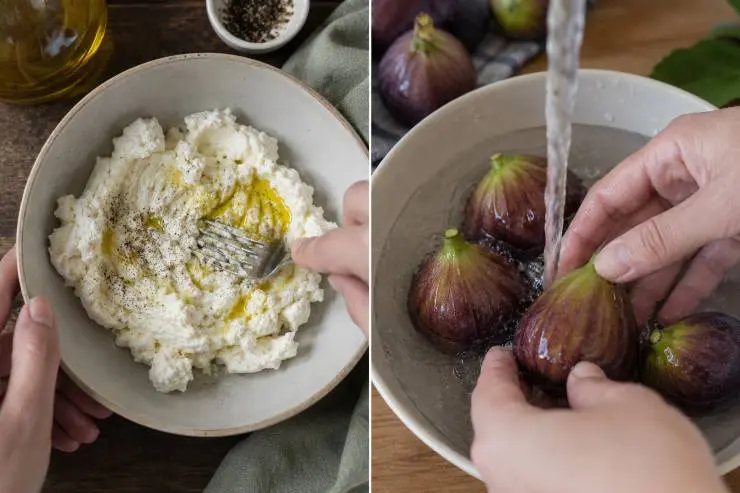 Prendete il formaggio caprino fresco, trasferitelo in una ciotolina e lavoratelo velocemente con una forchetta insieme ad un filo di olio extravergine d’oliva e a una generosa macinata di pepe nero, fino a renderlo una crema liscia e spalmabile. Lavate con estrema delicatezza i fichi freschi per non rovinare la buccia.
