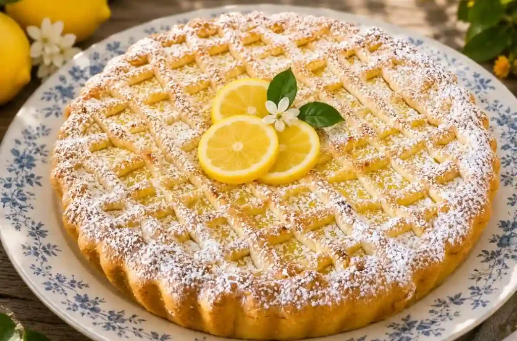 Fetta di crostata della babbaiola al limone su un piatto, con guscio di frolla dorata e ripieno di crema ricca, sfondo shabby chic con limoni freschi.