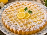 Fetta di crostata della babbaiola al limone su un piatto, con guscio di frolla dorata e ripieno di crema ricca, sfondo shabby chic con limoni freschi.