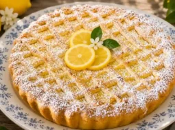 Fetta di crostata della babbaiola al limone su un piatto, con guscio di frolla dorata e ripieno di crema ricca, sfondo shabby chic con limoni freschi.