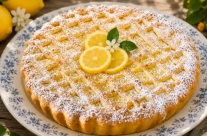 crostata-della-babbaiola-ricetta-originale Fetta di crostata della babbaiola al limone su un piatto, con guscio di frolla dorata e ripieno di crema ricca, sfondo shabby chic con limoni freschi.
