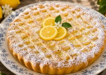 crostata-della-babbaiola-ricetta-originale Fetta di crostata della babbaiola al limone su un piatto, con guscio di frolla dorata e ripieno di crema ricca, sfondo shabby chic con limoni freschi.