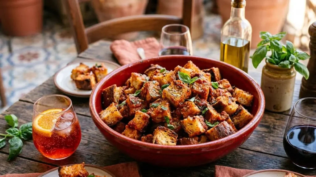 Crostini di pane raffermo al pomodoro e origano serviti in una ciotola di terracotta su un tavolo di legno rustico per l'aperitivo