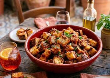 Crostini di pane raffermo al pomodoro e origano serviti in una ciotola di terracotta su un tavolo di legno rustico per l'aperitivo