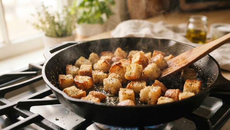 Unite l’erba cipollina tritata grossolanamente. Mescolate delicatamente e tenete da parte. Tagliate le fette di pane casereccio a cubetti regolari: in una padella antiaderente molto calda, tostate i cubetti di pane a fuoco vivo per circa 2-3 minuti, girandoli spesso finché diventano dorati e croccanti. Spegnete il fuoco, unite un filo d’olio d’oliva e le foglioline di timo fresco. Mescolate bene per far insaporire il pane ancora caldo.