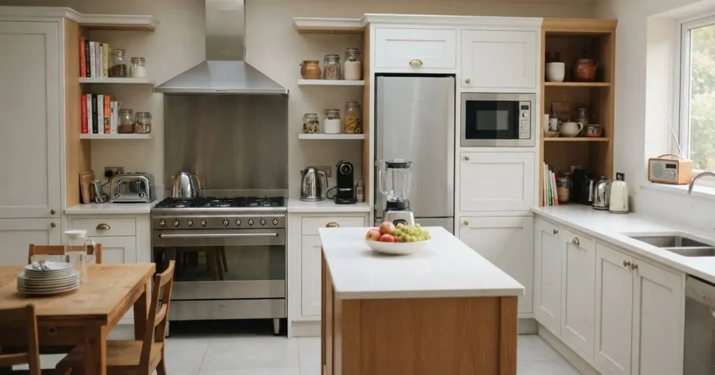 Cucina attrezzata con elettrodomestici Moderna cucina luminosa con isola centrale, frigorifero in acciaio inox, forno, microonde e vari elettrodomestici da cucina posizionati sui ripiani.