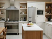 Moderna cucina luminosa con isola centrale, frigorifero in acciaio inox, forno, microonde e vari elettrodomestici da cucina posizionati sui ripiani.