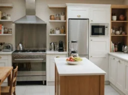 Cucina attrezzata con elettrodomestici Moderna cucina luminosa con isola centrale, frigorifero in acciaio inox, forno, microonde e vari elettrodomestici da cucina posizionati sui ripiani.