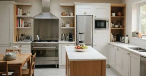 Moderna cucina luminosa con isola centrale, frigorifero in acciaio inox, forno, microonde e vari elettrodomestici da cucina posizionati sui ripiani.