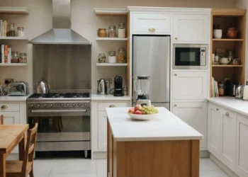 Cucina attrezzata con elettrodomestici Moderna cucina luminosa con isola centrale, frigorifero in acciaio inox, forno, microonde e vari elettrodomestici da cucina posizionati sui ripiani.