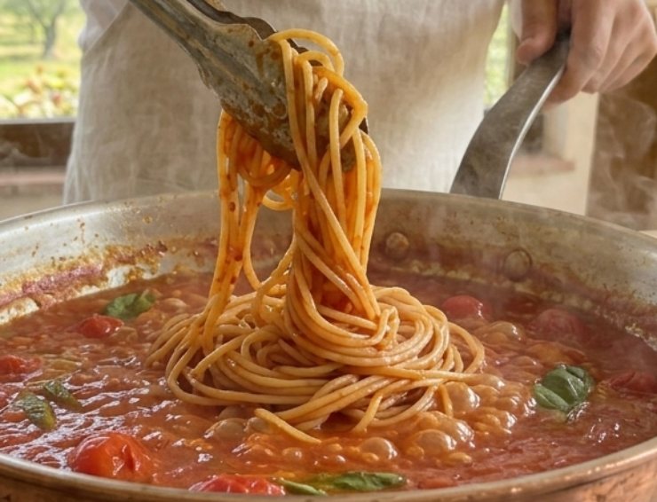 Tuffate gli spaghetti crudi direttamente dentro la salsa di pomodoro bollente. Non occorre bollire la pasta nell’acqua prima: gli spaghetti cuoceranno assorbendo esclusivamente il succo e l’acqua di vegetazione del pomodoro. Girate delicatamente gli spaghetti con una pinza o un forchettone per ammorbidirli e ricoprirli interamente di sugo. Se la salsa dovesse restringersi eccessivamente prima del termine della cottura, aggiungete pochissima acqua calda salata, mantenendo il focus sulla cottura nel pomodoro.