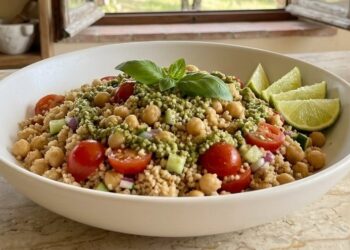 Cuscus freddo profumato al lime servito in una ciotola bianca con ceci, pomodorini ciliegino e pesto di basilico fresco.