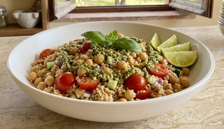 Cuscus freddo profumato al lime servito in una ciotola bianca con ceci, pomodorini ciliegino e pesto di basilico fresco.