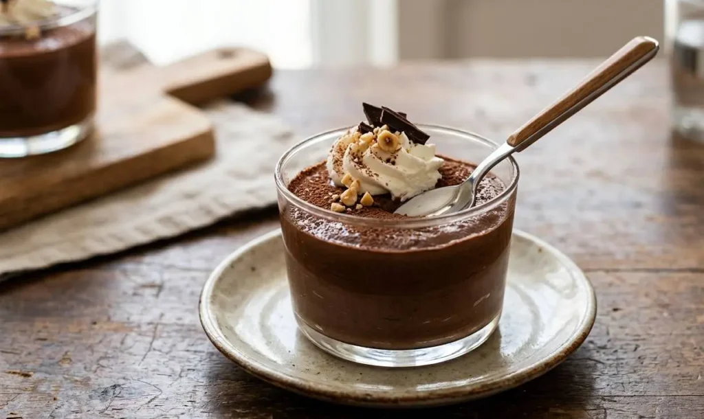 Dessert al cioccolato con 2 ingredienti Dessert 2 ingredienti al cioccolato cremoso servito in un bicchiere di vetro con panna montata e granella
