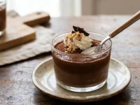 Dessert 2 ingredienti al cioccolato cremoso servito in un bicchiere di vetro con panna montata e granella