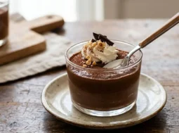 Dessert 2 ingredienti al cioccolato cremoso servito in un bicchiere di vetro con panna montata e granella