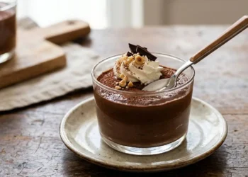 Dessert al cioccolato con 2 ingredienti Dessert 2 ingredienti al cioccolato cremoso servito in un bicchiere di vetro con panna montata e granella