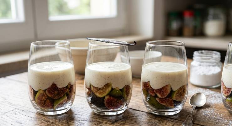 Aiutandovi con un cucchiaio o con una sac à poche, riempite i bicchierini con la crema di ricotta dolce fino a tre quarti. Decorate la superficie con gli spicchi di fico rimasti, completate facendo colare un po’ di miele fluido a filo e guarnite con una fogliolina di menta fresca. Riponete in frigorifero fino al momento di servire e godetevi questo dessert spettacolare!