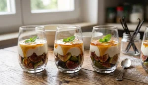 Bicchieri monoporzione dessert fichi crema di ricotta e vaniglia con topping di miele e foglia di menta, su un tavolo rustico in legno.