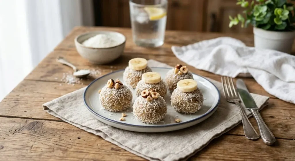 Dolcetti veloci alle banane e cocco senza cottura Vassoio con dolcetti freddi alle banane e ricotta senza cottura, ricoperti di granella di cocco e guarniti con fettine di banana e nocciole su un tavolo in legno.