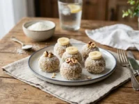 Vassoio con dolcetti freddi alle banane e ricotta senza cottura, ricoperti di granella di cocco e guarniti con fettine di banana e nocciole su un tavolo in legno.