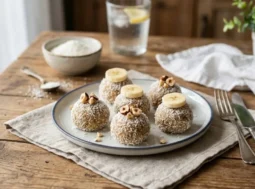 Vassoio con dolcetti freddi alle banane e ricotta senza cottura, ricoperti di granella di cocco e guarniti con fettine di banana e nocciole su un tavolo in legno.