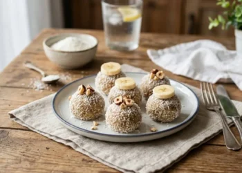 Dolcetti veloci alle banane e cocco senza cottura Vassoio con dolcetti freddi alle banane e ricotta senza cottura, ricoperti di granella di cocco e guarniti con fettine di banana e nocciole su un tavolo in legno.
