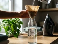 Versare acqua riciclata in una bottiglia di vetro usando un imbuto con filtro in carta da caffè per ferro da stiro