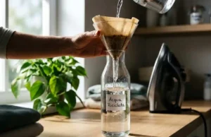 Versare acqua riciclata in una bottiglia di vetro usando un imbuto con filtro in carta da caffè per ferro da stiro