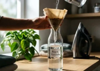 Versare acqua riciclata in una bottiglia di vetro usando un imbuto con filtro in carta da caffè per ferro da stiro