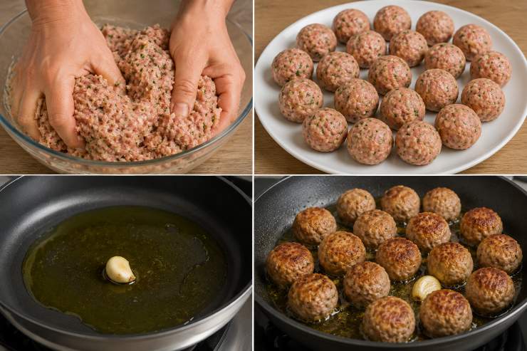 Impastate con vigore usando le mani fino a ottenere un composto omogeneo, morbido ma compatto. Formate quindi delle polpette della stessa dimensione, grandi circa quanto una noce o poco più. In una padella capiente o in un tegame dai bordi alti, scaldate un giro generoso di olio extravergine d’oliva insieme allo spicchio d’aglio. Fate dorare leggermente l’aglio, poi adagiate delicatamente le polpette e fatele rosolare uniformemente su tutti i lati a fuoco medio.