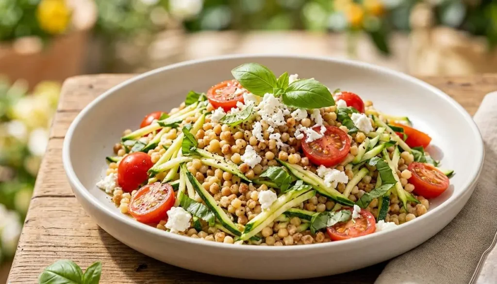 Fregola Fredda Estiva con Zucchine e Pomodorini Insalata di fregola fredda sarda condita con zucchine alla julienne, pomodorini freschi, basilico e ricotta salata