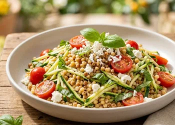 Insalata di fregola fredda sarda condita con zucchine alla julienne, pomodorini freschi, basilico e ricotta salata