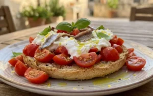 Frisella pugliese condita con pomodorini a cubetti, stracciatella di bufala, filetti di acciughe e scorza di limone
