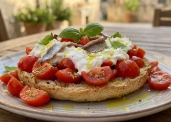 Frisella pugliese condita con pomodorini a cubetti, stracciatella di bufala, filetti di acciughe e scorza di limone