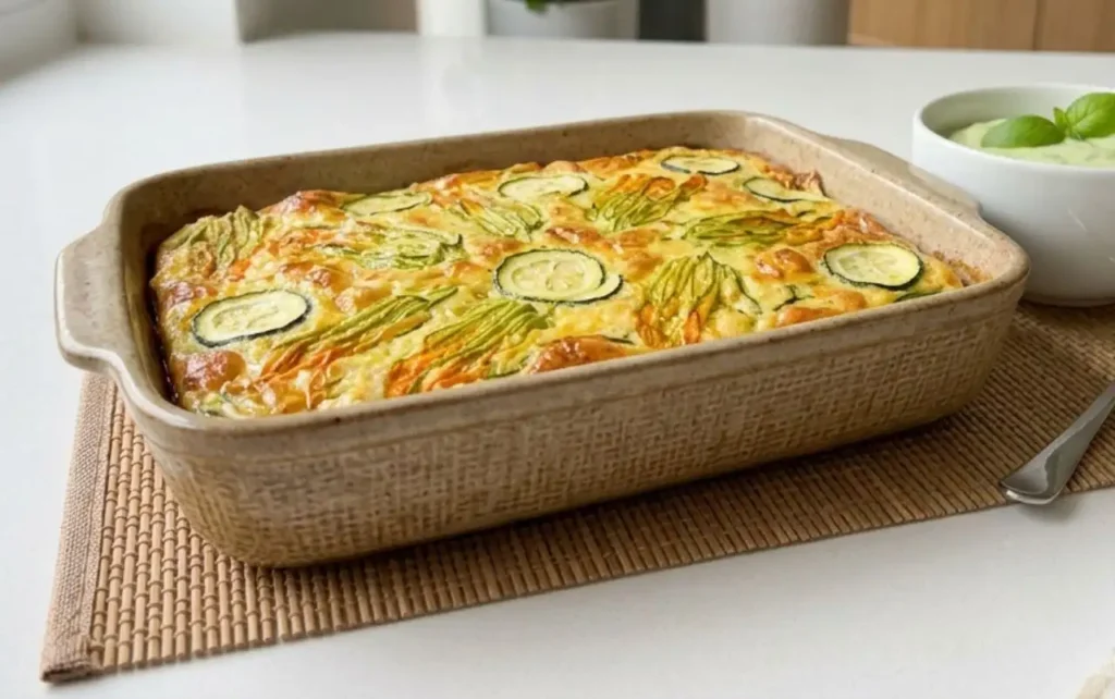 Una frittata al forno intera e dorata con zucchine e fiori di zucca in una teglia rettangolare di ceramica, servita su un piano cucina moderno accanto a una ciotola di maionese al basilico.