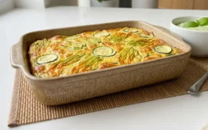 frittata-zucchine-fiori-di-zucca-forno-teglia Una frittata al forno intera e dorata con zucchine e fiori di zucca in una teglia rettangolare di ceramica, servita su un piano cucina moderno accanto a una ciotola di maionese al basilico.