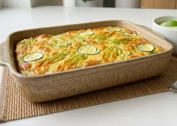 Una frittata al forno intera e dorata con zucchine e fiori di zucca in una teglia rettangolare di ceramica, servita su un piano cucina moderno accanto a una ciotola di maionese al basilico.