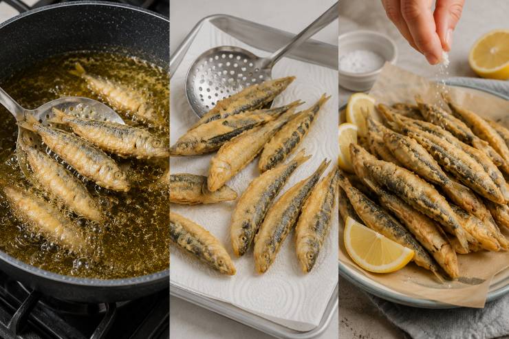 Friggete i pesci per 2-3 minuti fino a doratura uniforme. Scolateli con una schiumarola e adagiateli su carta assorbente per eliminare l’olio in eccesso. Servite la frittura di paranza immediatamente, ancora caldissima, completando con un pizzico di sale e spicchi di limone fresco a piacere. Buon appetito!