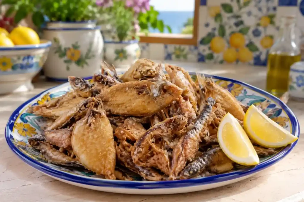 Un vassoio di frittura di paranza dorata e croccante con piccoli pesci, spicchi di limone e fritto asciutto in stile Gambero Rosso.